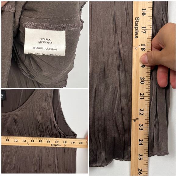 Eileen Fisher Womens Taupe Crinkled Silk Tank Top L Sleeveless Blouse Scoop Neck - Picture 6 of 9